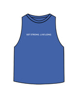 The Crop Muscle Racerback - Heather True Royal - Sweat Circuit - Center Chest - Back Center - Printed - Full Color