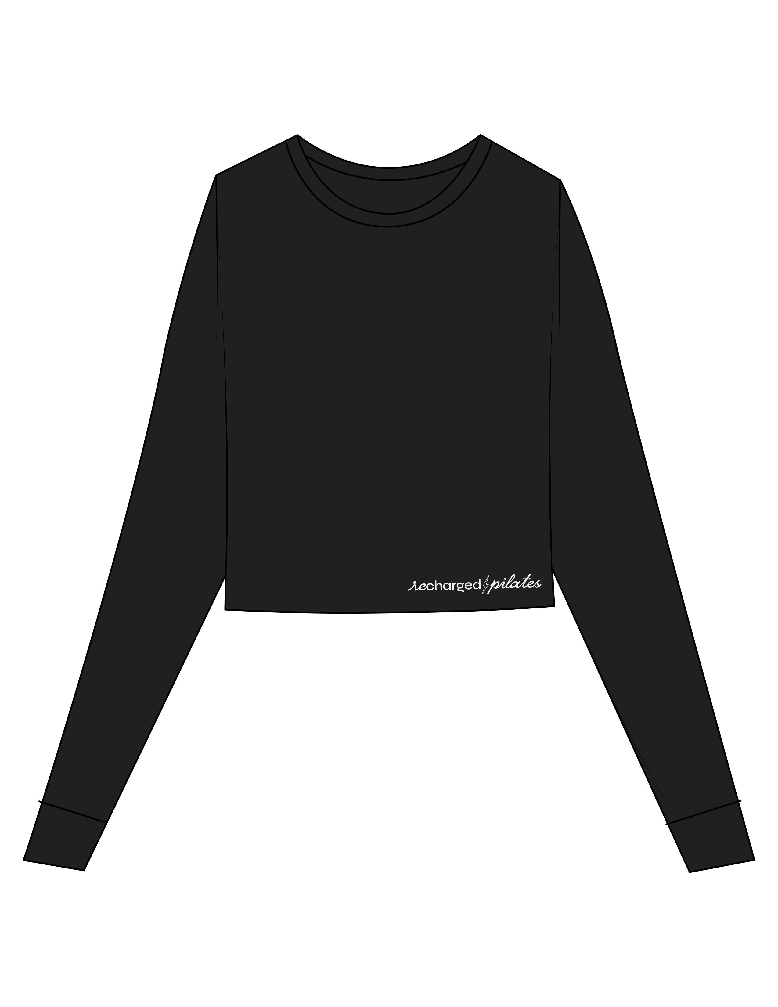 The Micro Rib Crop Long Sleeve - Black - RECHARGED PILATES - Front Bottom Left - Printed - Sandy White