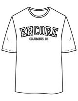 The Womens Oversized Tee - White - enCore Pilates - Center Chest Stacked - Printed - Black