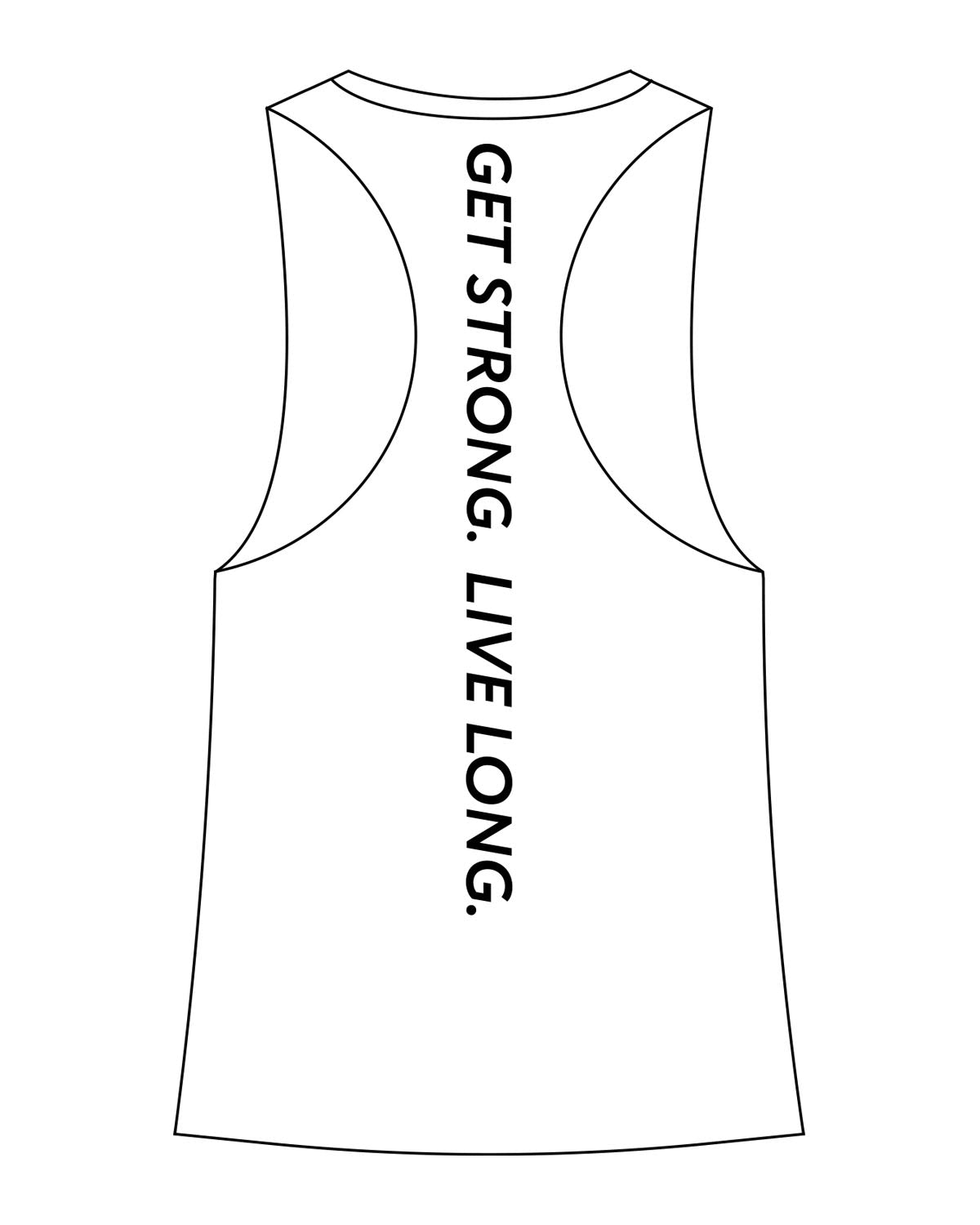 The Womens Racerback Tank - White - Sweat Circuit - Left Chest - Back Vertical - Black