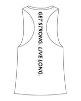 The Womens Racerback Tank - White - Sweat Circuit - Left Chest - Back Vertical - Black