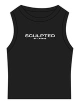 The Micro Rib Racer Crop - Black - Sculpted By Lagree - Center Chest Stacked & Back Stacked - Printed - White