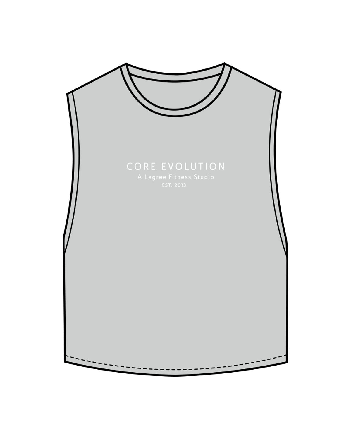 The Crop Muscle Tank - Storm - Core Evolution - Center Chest & Center Back - White