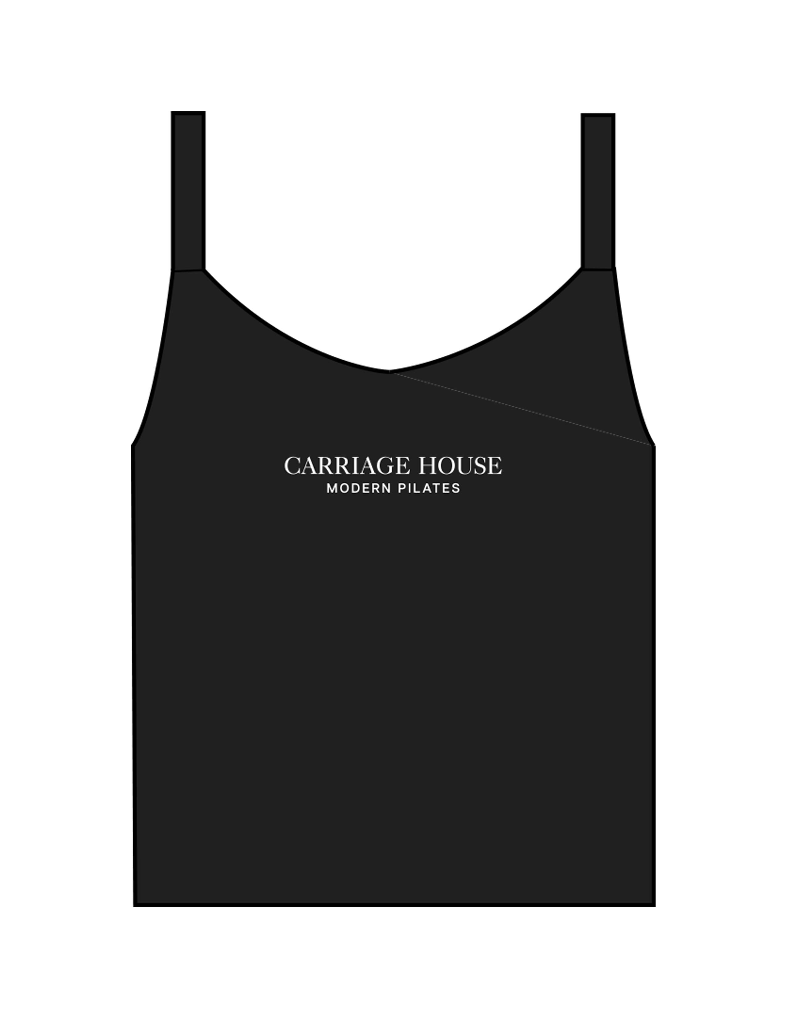 The Micro Rib Strappy Crop Tank - Black - Carriage House - Center Chest Stacked - Printed - White