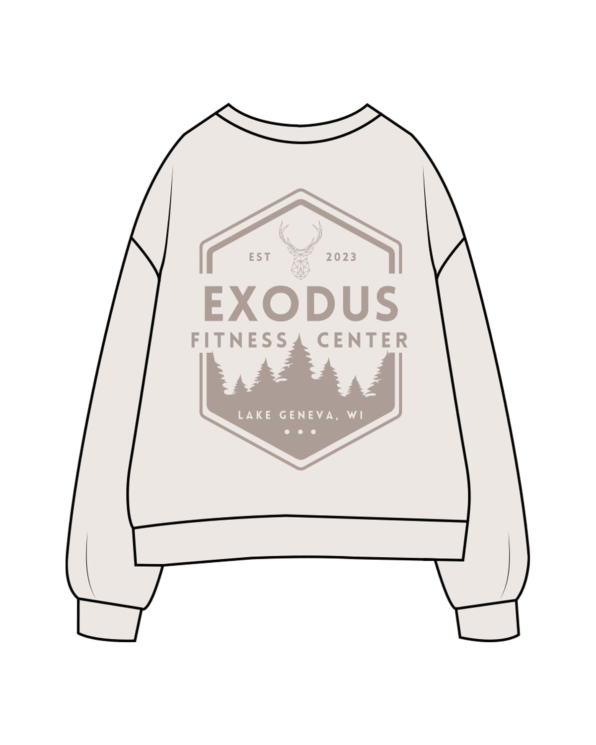The Womens Crewneck - Bone - Exodus Fitness - Left Chest Stacked & Back Image - Printed - Tone on Tone