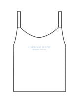 The Micro Rib Strappy Crop Tank - White - Carriage House - Center Chest Stacked - Printed - Baby Blue