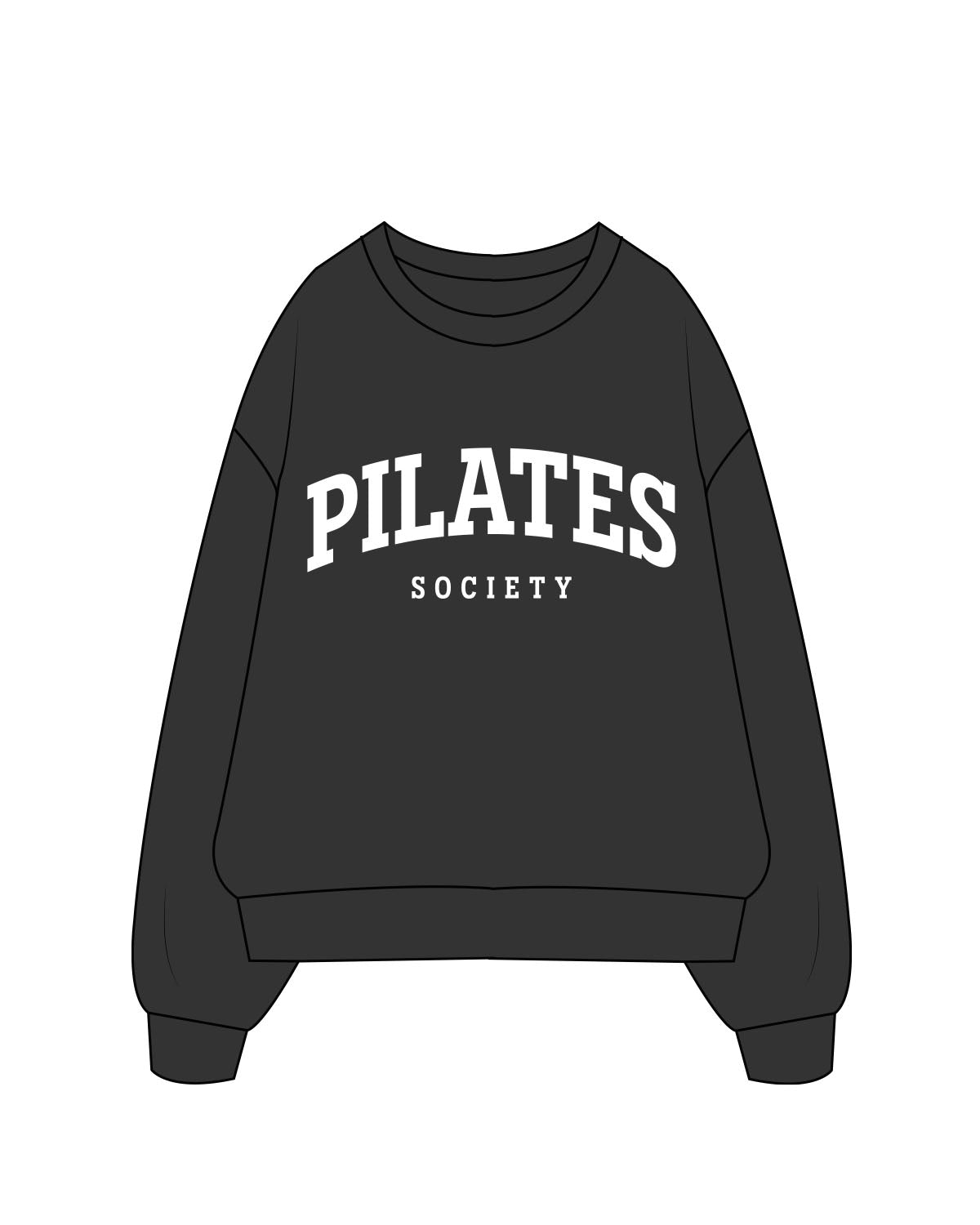 The Womens Crewneck - Washed Black - Pilates Society - Center Chest Stacked - White