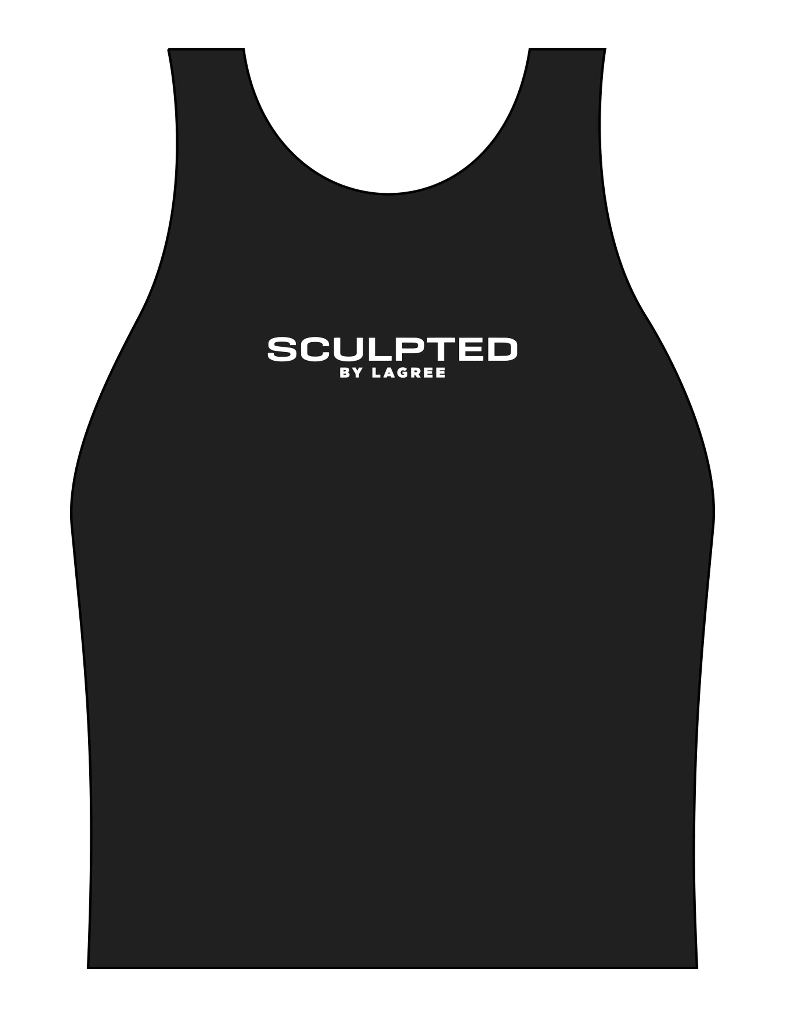 The Womens Active Crop Tank - Black - Sculpted By Lagree - Center Chest Stacked & Center Back - Printed - White