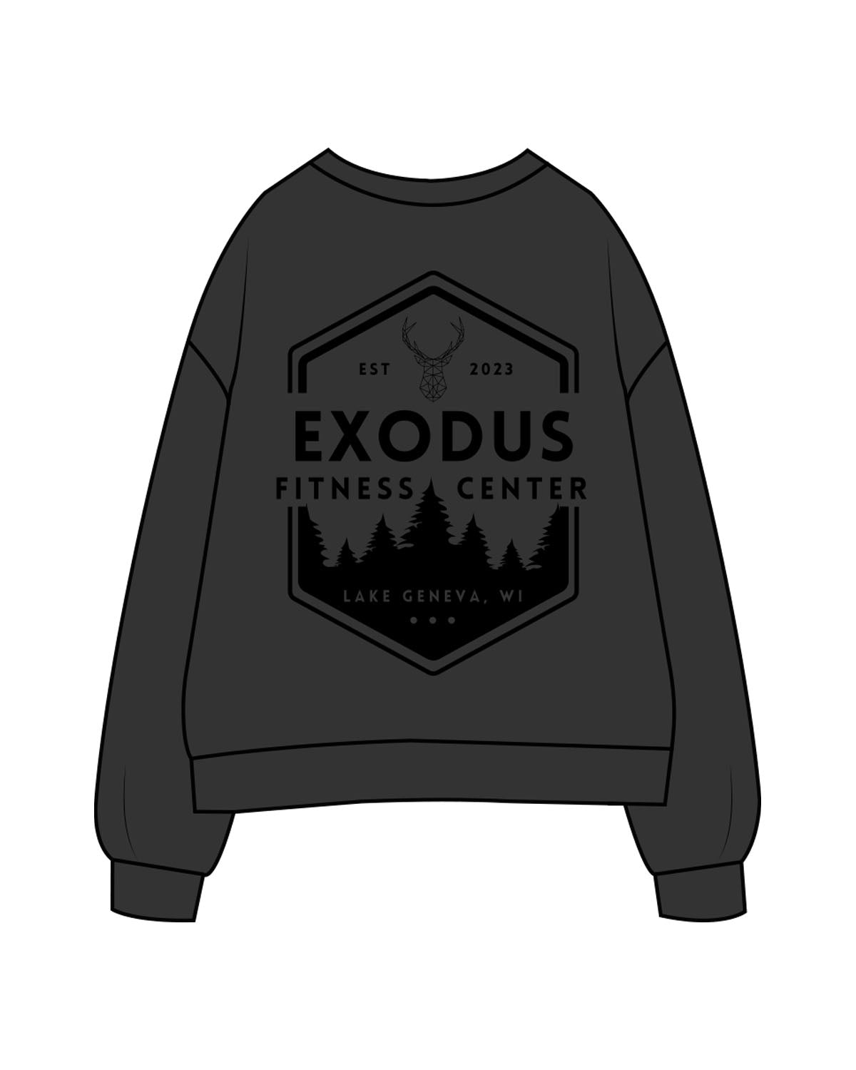 The Womens Crewneck - Washed Black - Exodus Fitness - Left Chest Stacked & Back Image - Printed - Black
