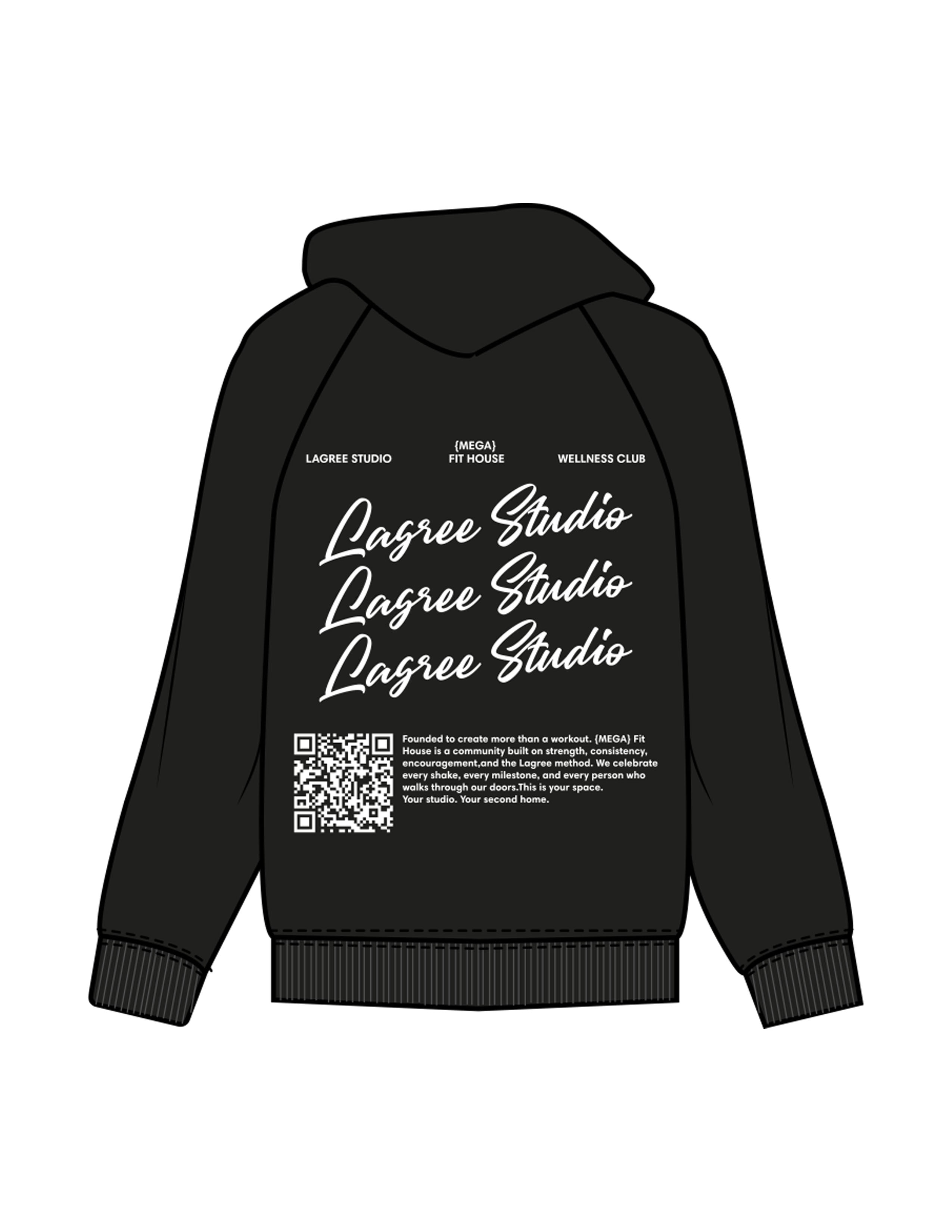 The Womens Hoodie - Black - Mega Fit House - Left Chest Stacked & Back Stacked - Printed - White