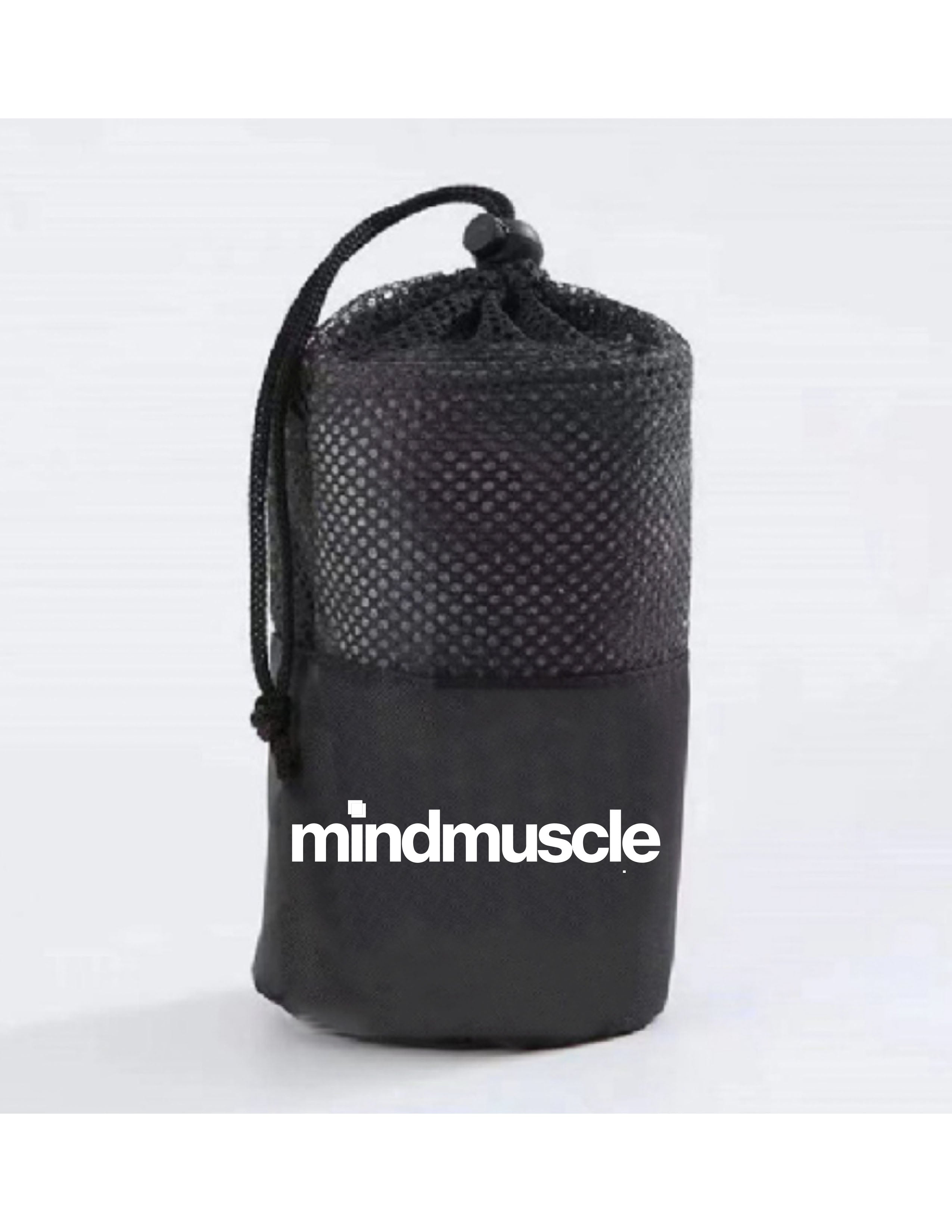 The Gym Towel - Black - Mind Muscle - Front Body Bottom - Embroidered - Full Color - The Gym Towel Bag - Black - Center Body - Printed - White