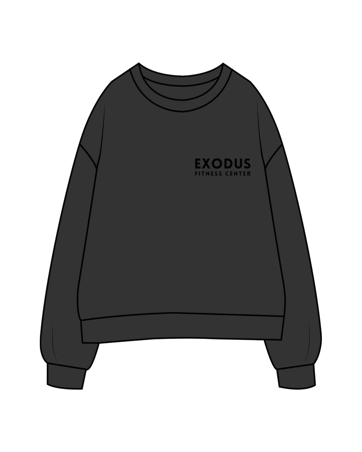 The Womens Crewneck - Washed Black - Exodus Fitness - Left Chest Stacked & Back Image - Printed - Black