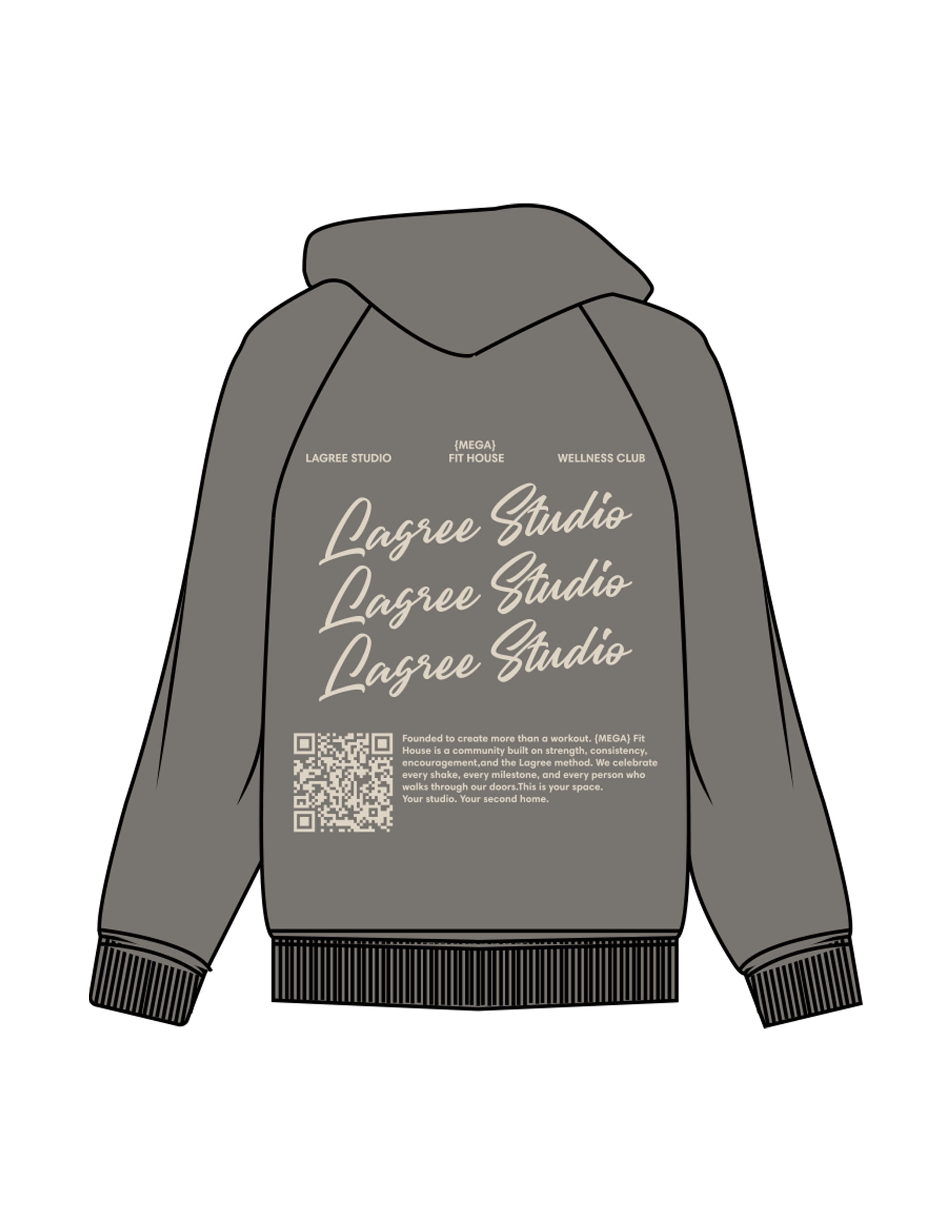 The Womens Hoodie - Washed Gray - Mega Fit House - Left Chest & Back Stacked - Printed - Off White