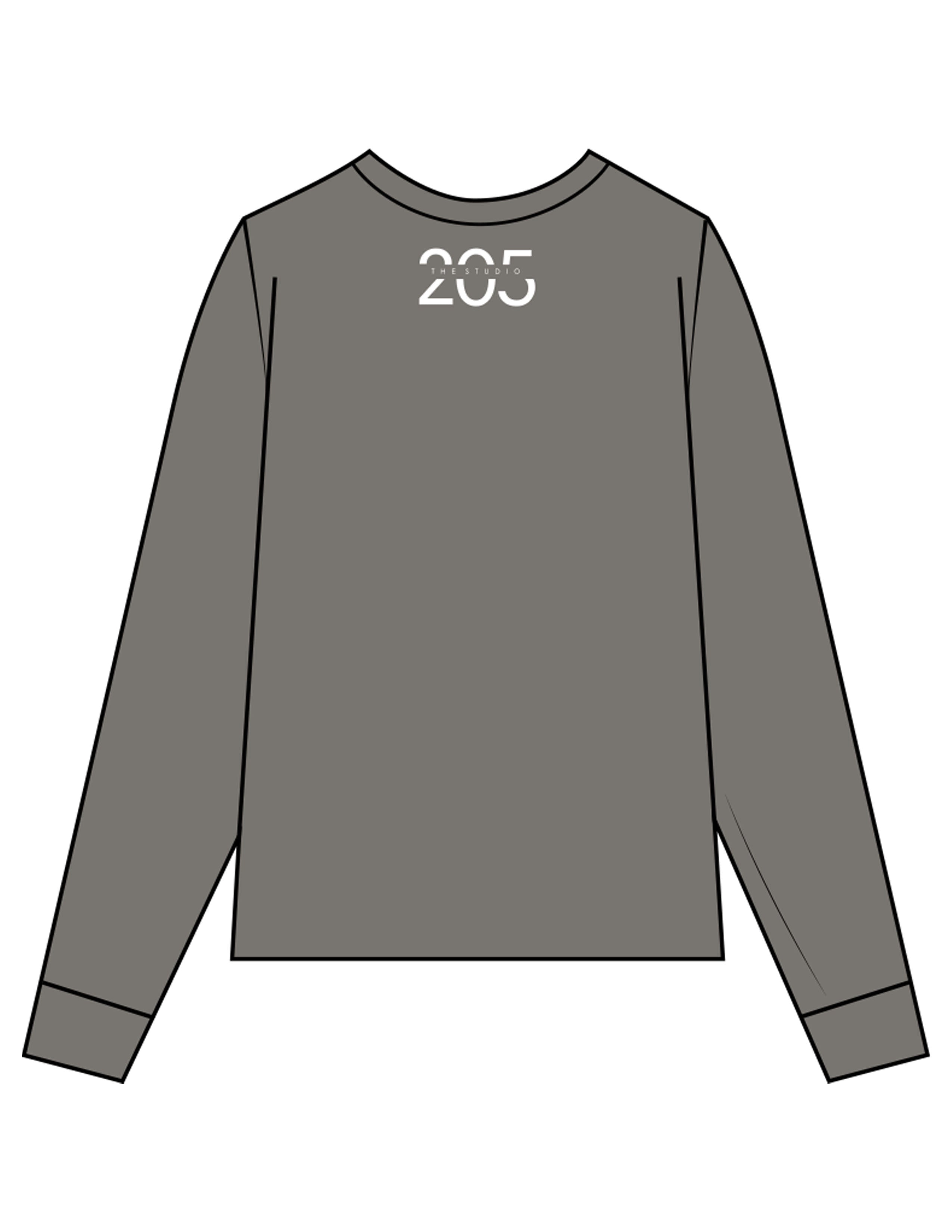 The Womens Heavyweight Long Sleeve - Washed Gray - Studio 205 - Center Chest & Back Neckline - Printed - White
