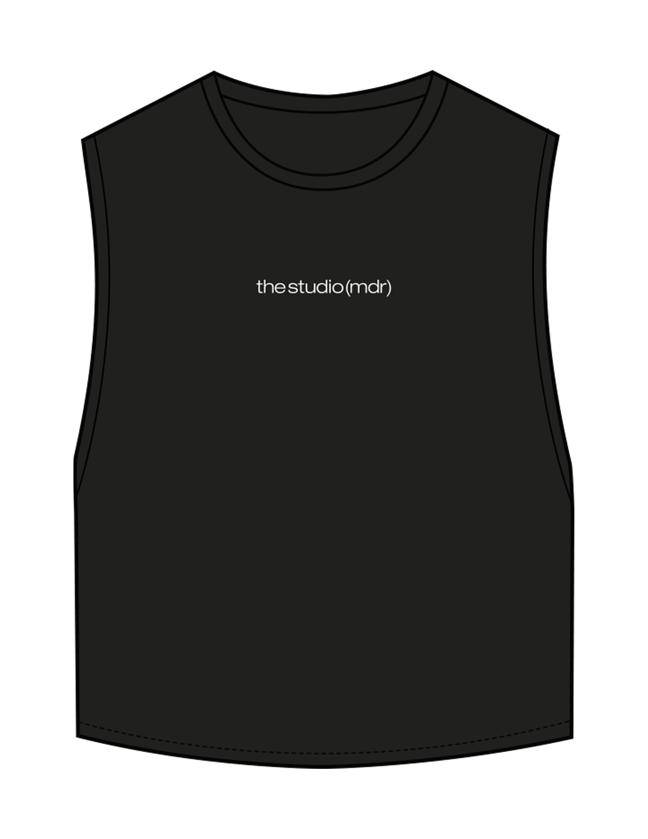 The Crop Muscle Tank - Black - The Studio MDR - Center Chest & Back Stacked - Printed - Full Color