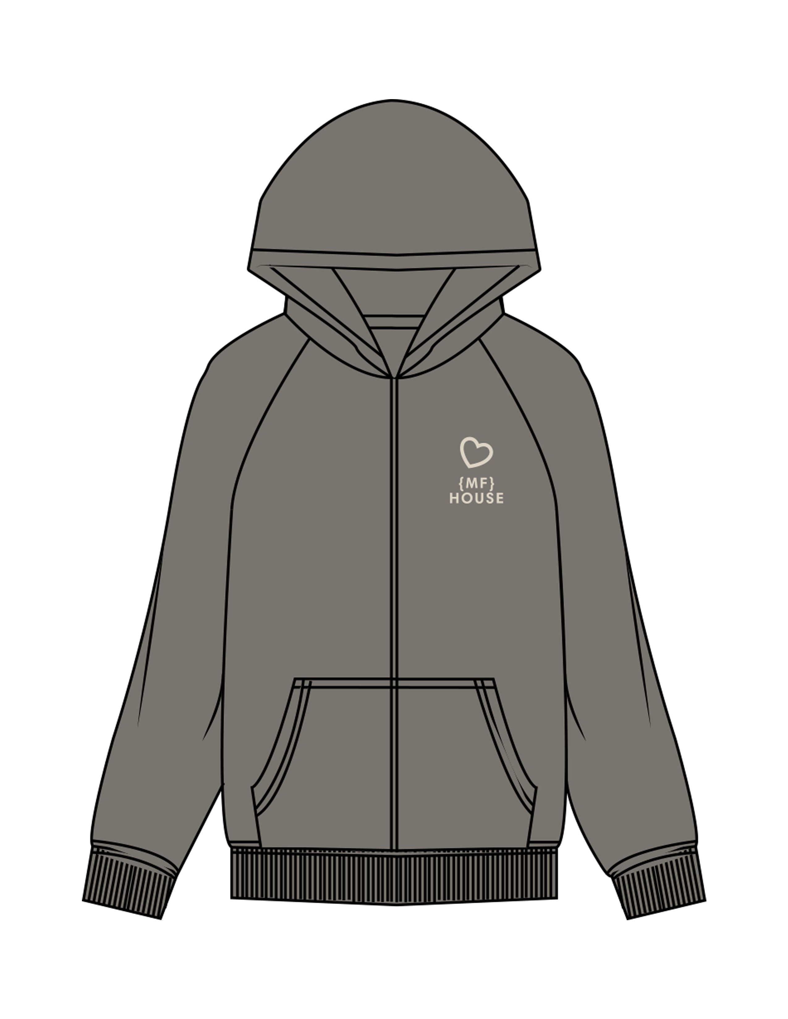 The Womens Zip Hoodie - Washed Gray - Mega Fit House - Left Chest & Back Stacked - Printed - Off White