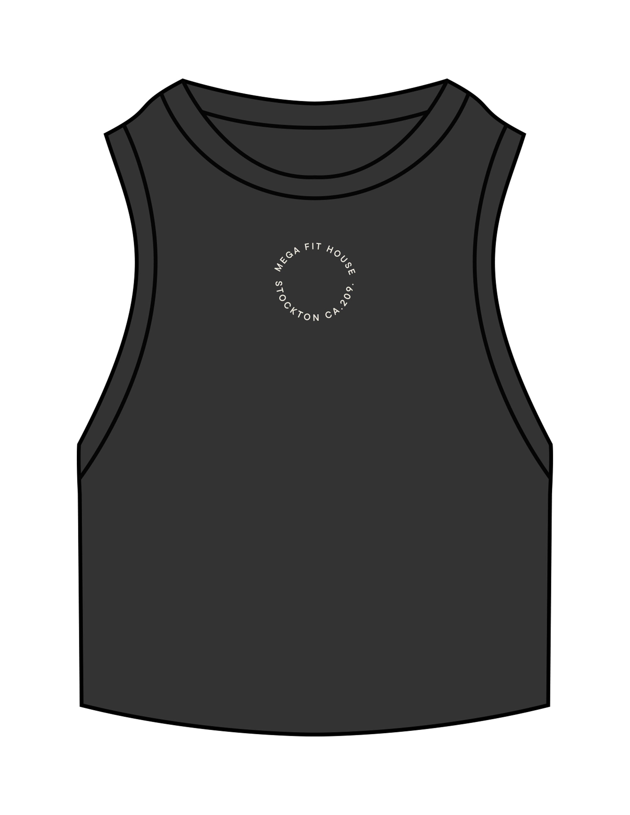 The Ribbed Crop Tank - Washed Black - Mega Fit House - Center Chest Round - Embroidered - Off White
