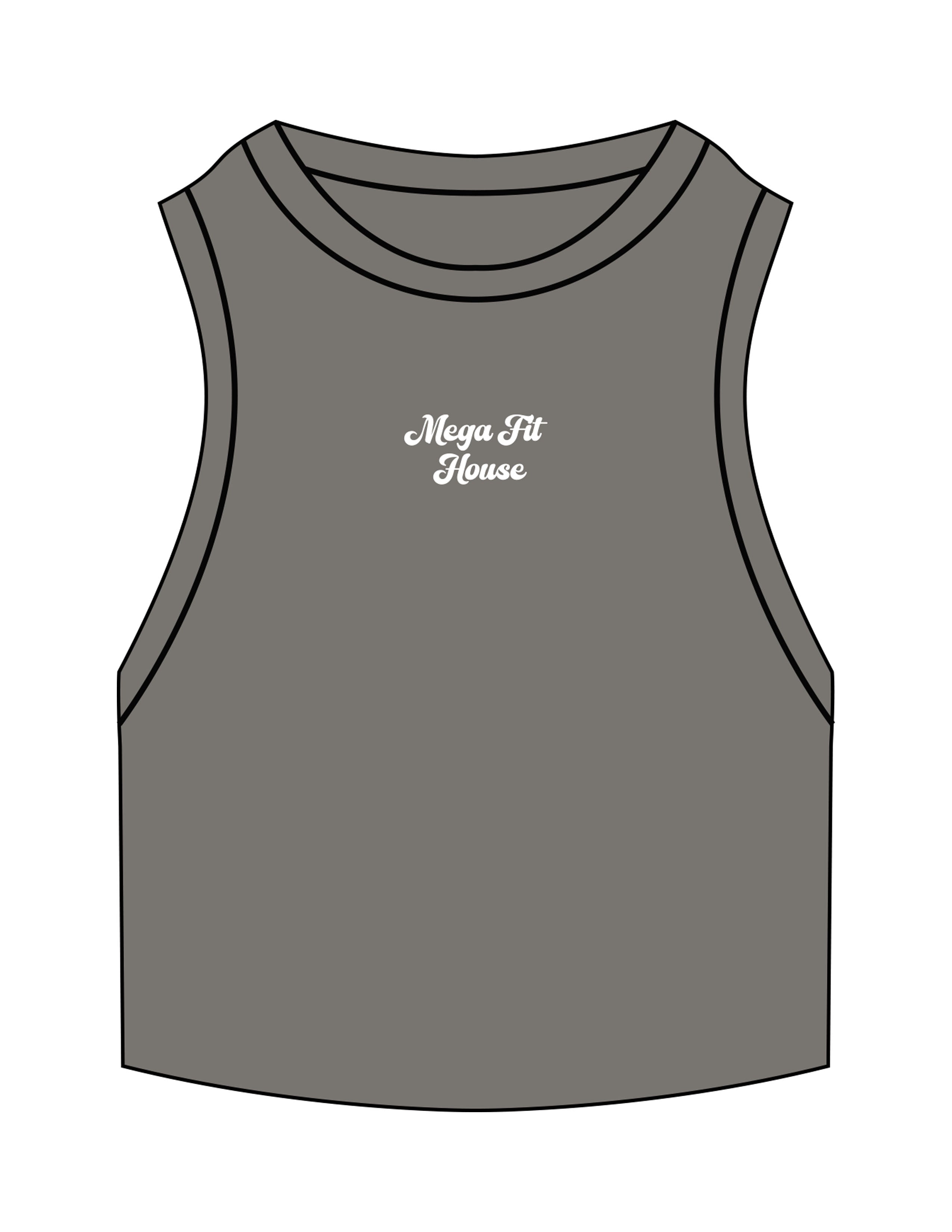 The Ribbed Crop Tank - Washed Gray - Mega Fit House - Center Chest Stacked - Embroidered - White
