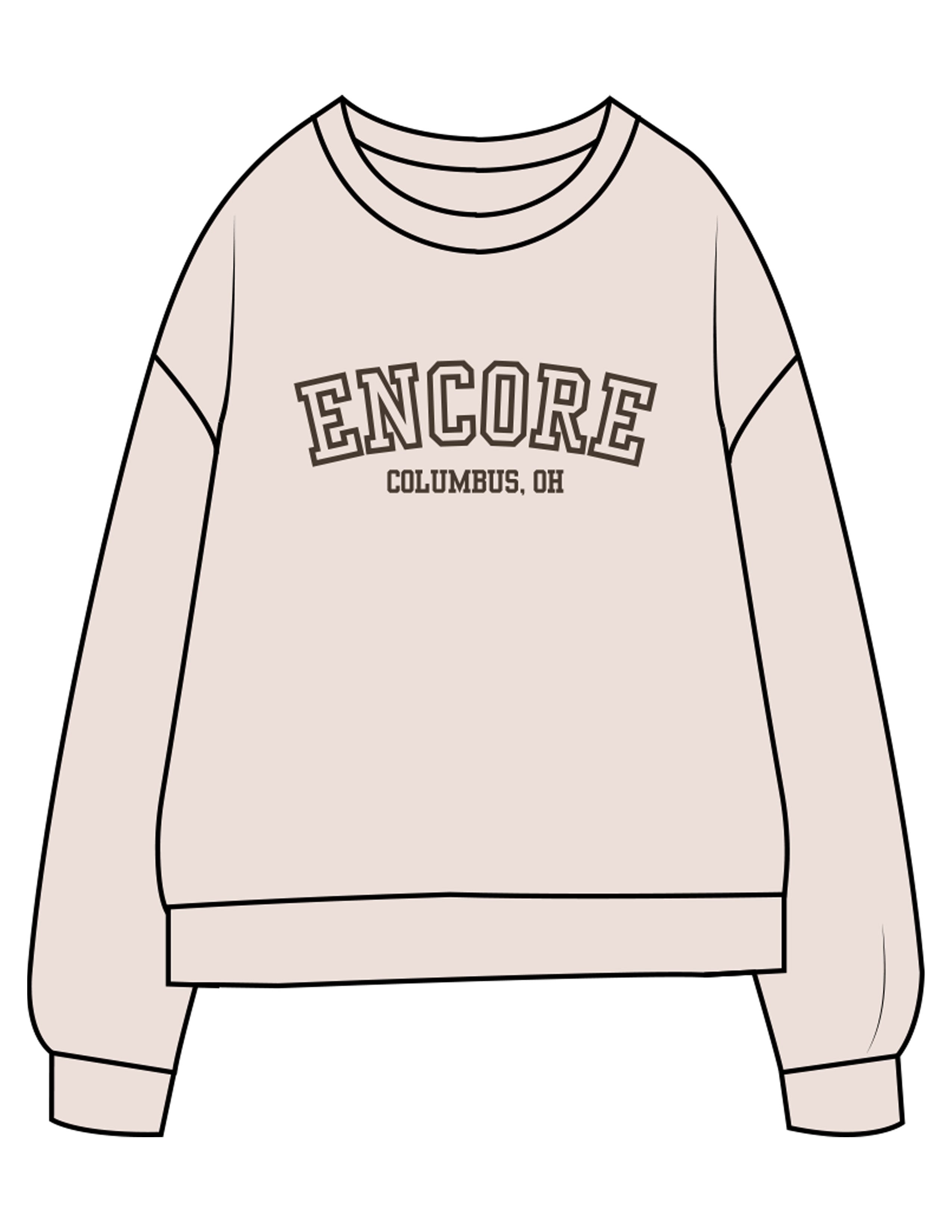 The Midweight Unisex Crewneck - Washed Ivory - enCore Pilates - Center Chest Stacked - Printed - Brown