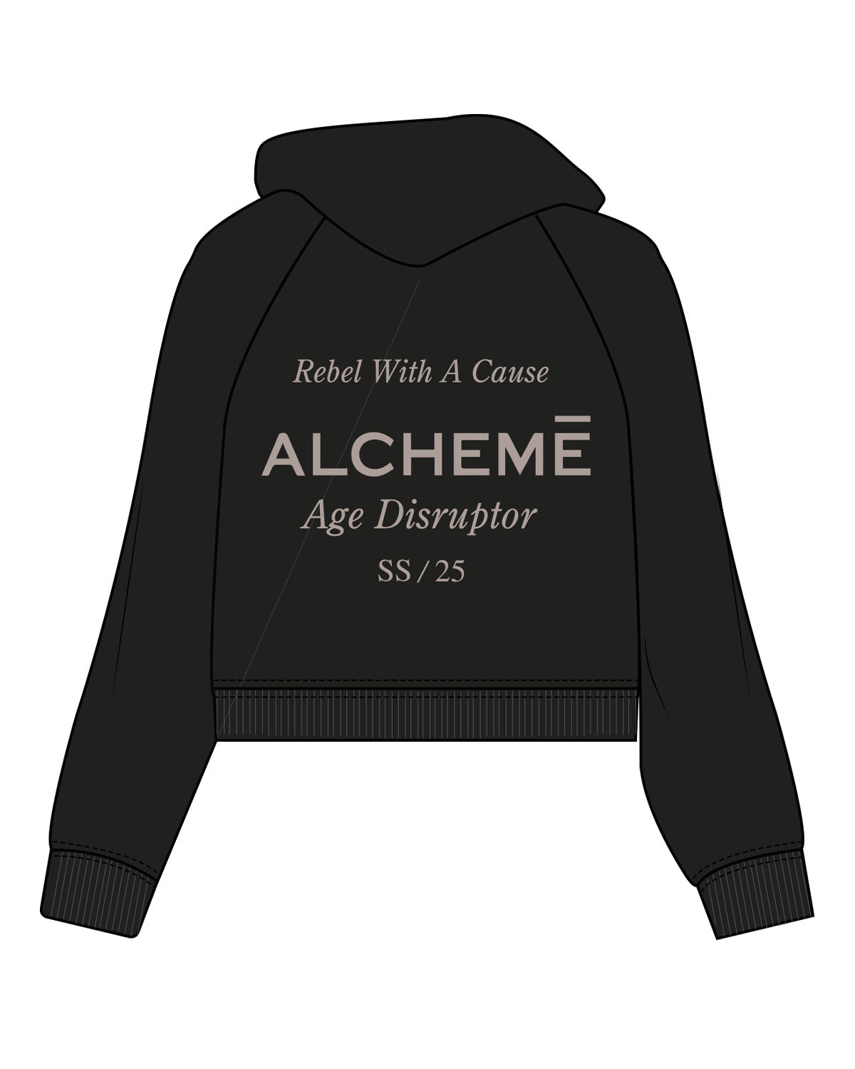 The Womens Crop Hoodie - Black - ALCHEME - Left Chest & Center Back Stacked - Bone