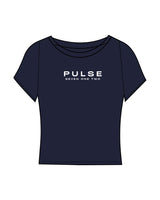 The Sporty Crop Short Sleeve - Navy - Pulse 712 - Center Chest Stacked - Printed - White