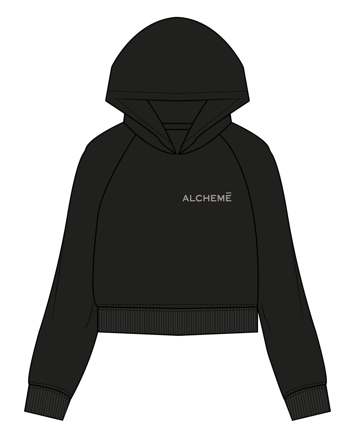 The Womens Crop Hoodie - Black - ALCHEME - Left Chest & Center Back Stacked - Bone
