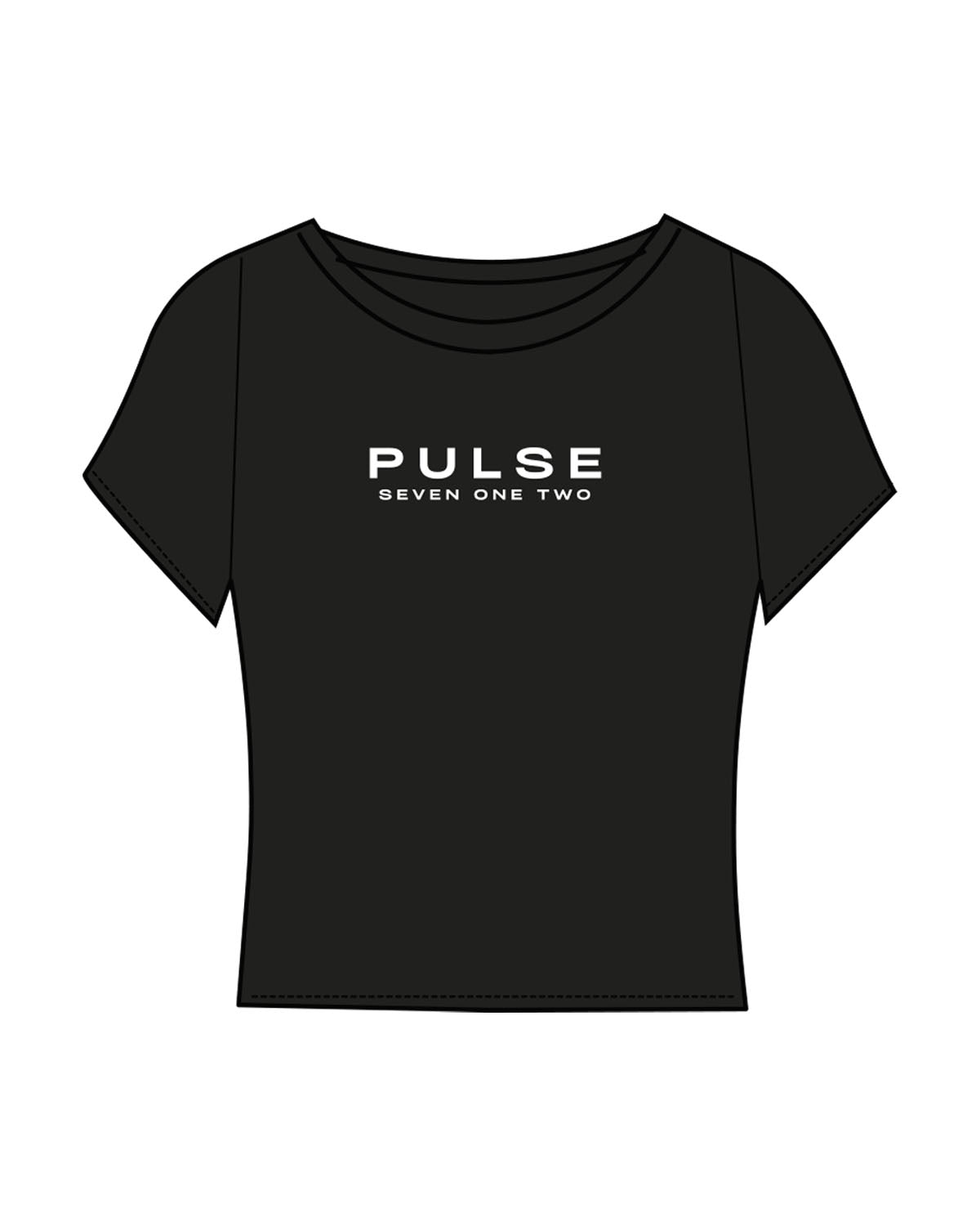 The Sporty Crop Short Sleeve - Black - Pulse 712 - Center Chest Stacked - Printed -White