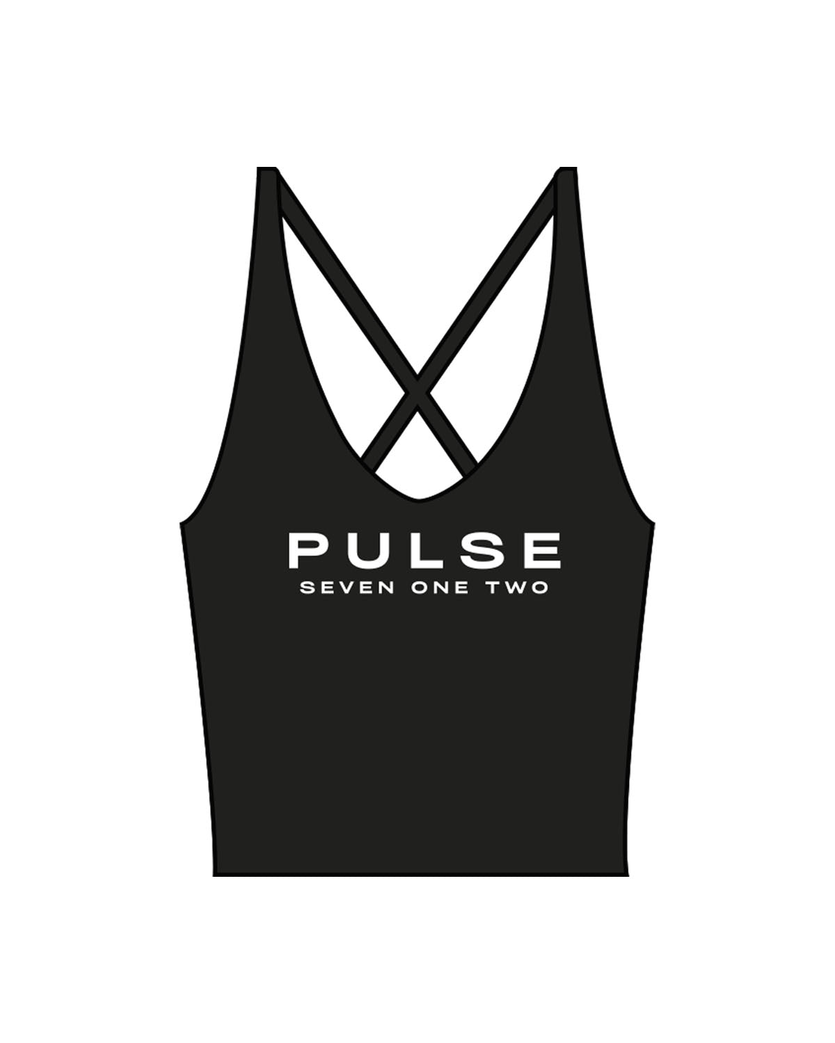 The Sporty Strappy Tank - Black - Pulse 712 - Center Chest Stacked - Printed - White