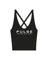 The Sporty Strappy Tank - Black - Pulse 712 - Center Chest Stacked - Printed - White