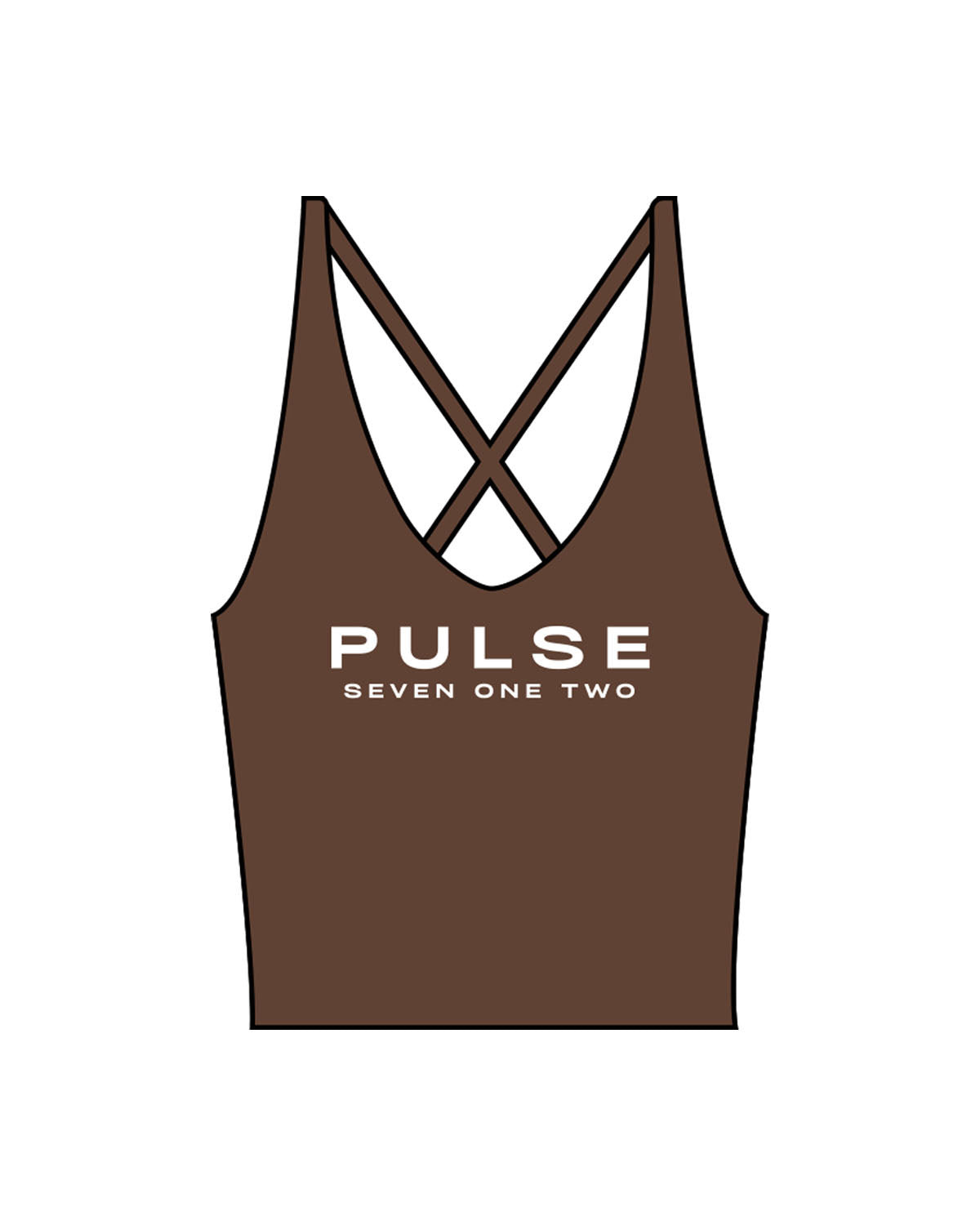 The Sporty Strappy Tank - Brown - Pulse 712 - Center Chest Stacked - Printed - White
