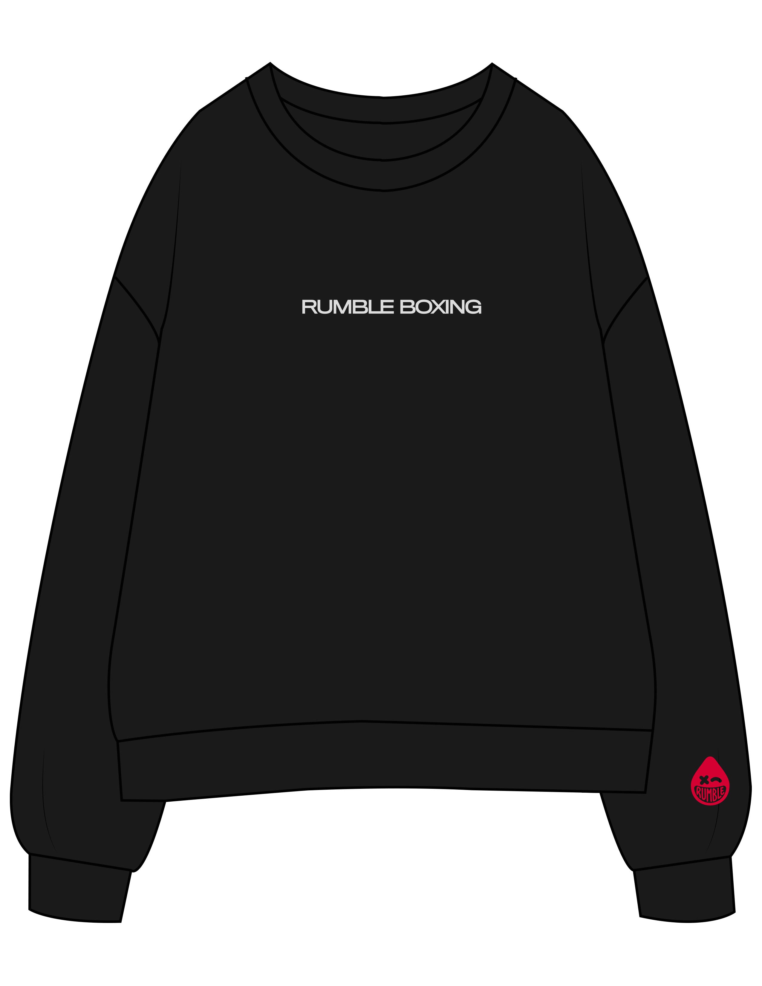 The Mens Crewneck - Black - Rumble Core - Center Chest Off Gray - Left Sleeve Icon Rumble Red - Printed