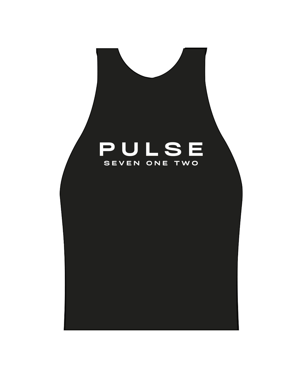 The High Neck Racer Tank - Black - Pulse 712 - Center Chest Stacked - Printed - White