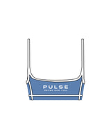 The Piped Scoop Sports Bra - Blue - Pulse 712 - Center Back Stacked - Printed - White