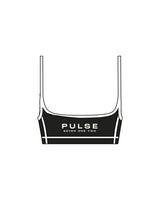 The Piped Scoop Sports Bra - Black - Pulse 712 - Center Back Stacked - Printed - White