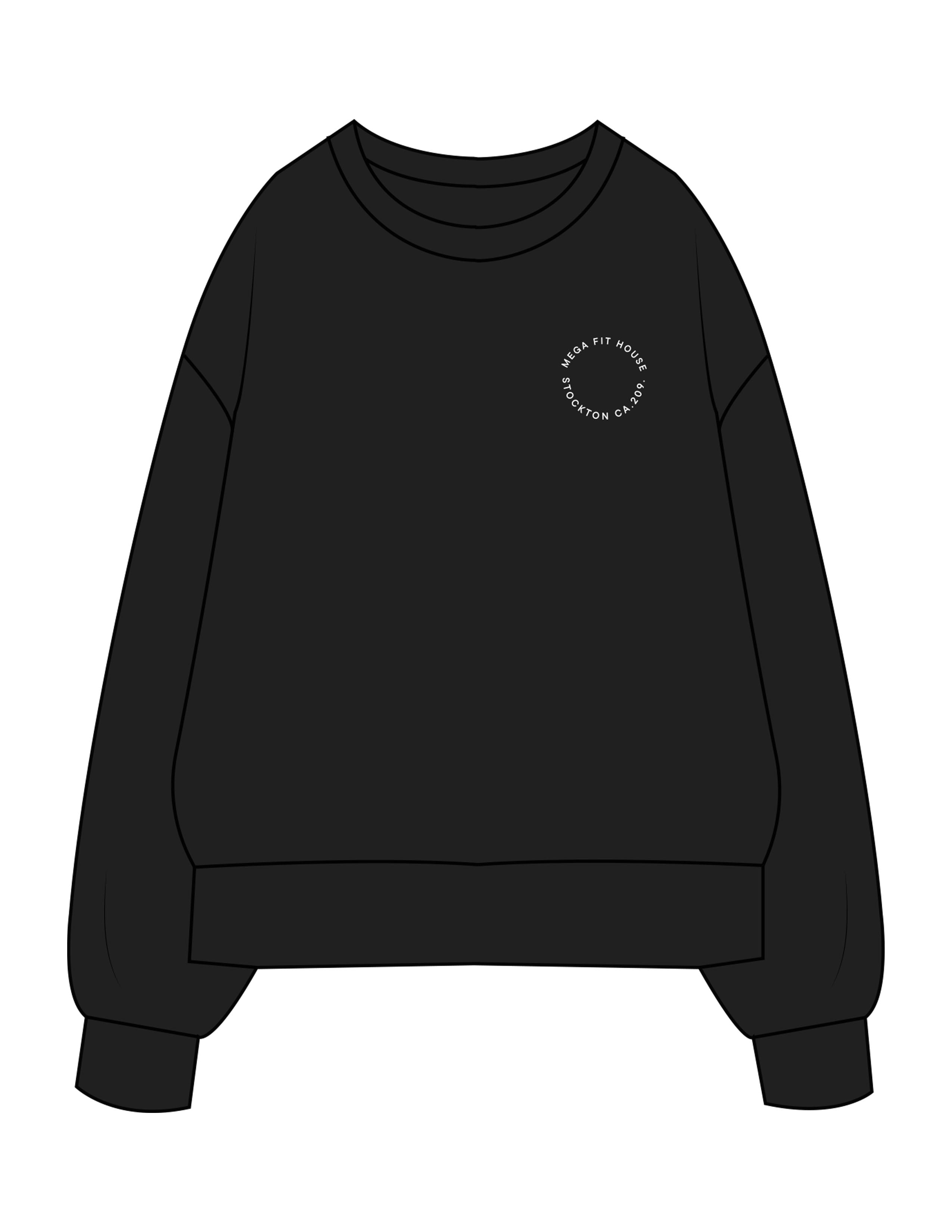 The Womens Heavyweight Crewneck - Black - Mega Fit House - Left Chest & Back Stack Wavy - Printed - White
