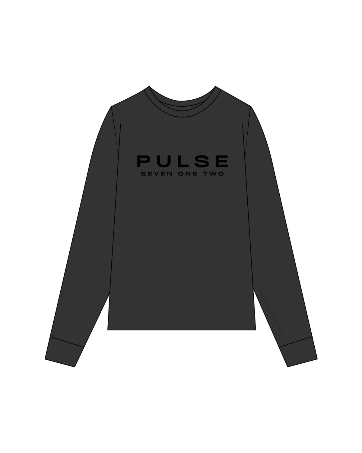 The Womens Heavyweight Long Sleeve - Washed Black - Pulse 712 - Center Chest Stacked - Printed - Black