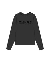 The Womens Heavyweight Long Sleeve - Washed Black - Pulse 712 - Center Chest Stacked - Printed - Black