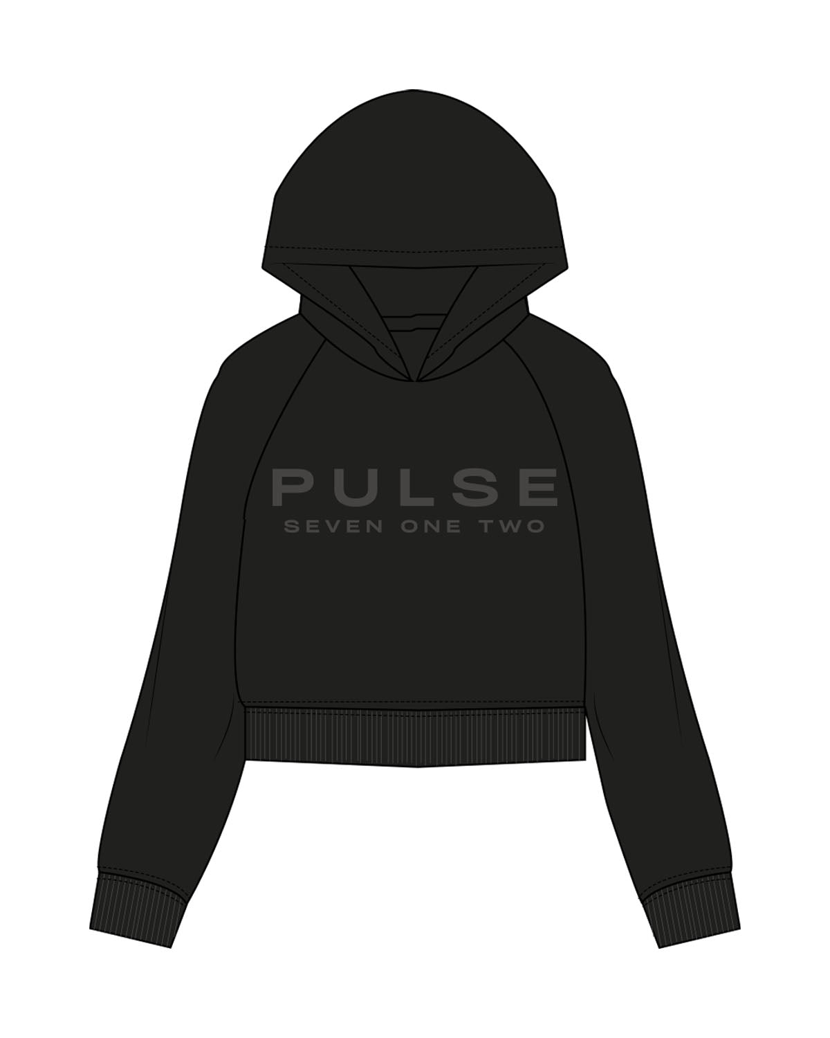 The Womens Crop Hoodie - Black - Pulse 712 - Center Chest Stacked - Printed - Charcoal