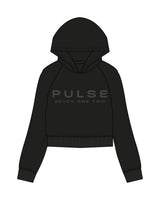 The Womens Crop Hoodie - Black - Pulse 712 - Center Chest Stacked - Printed - Charcoal