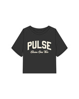The Heavyweight Crop Tee - Washed Black - Pulse 712 - Center Chest Stacked - Printed - Off White