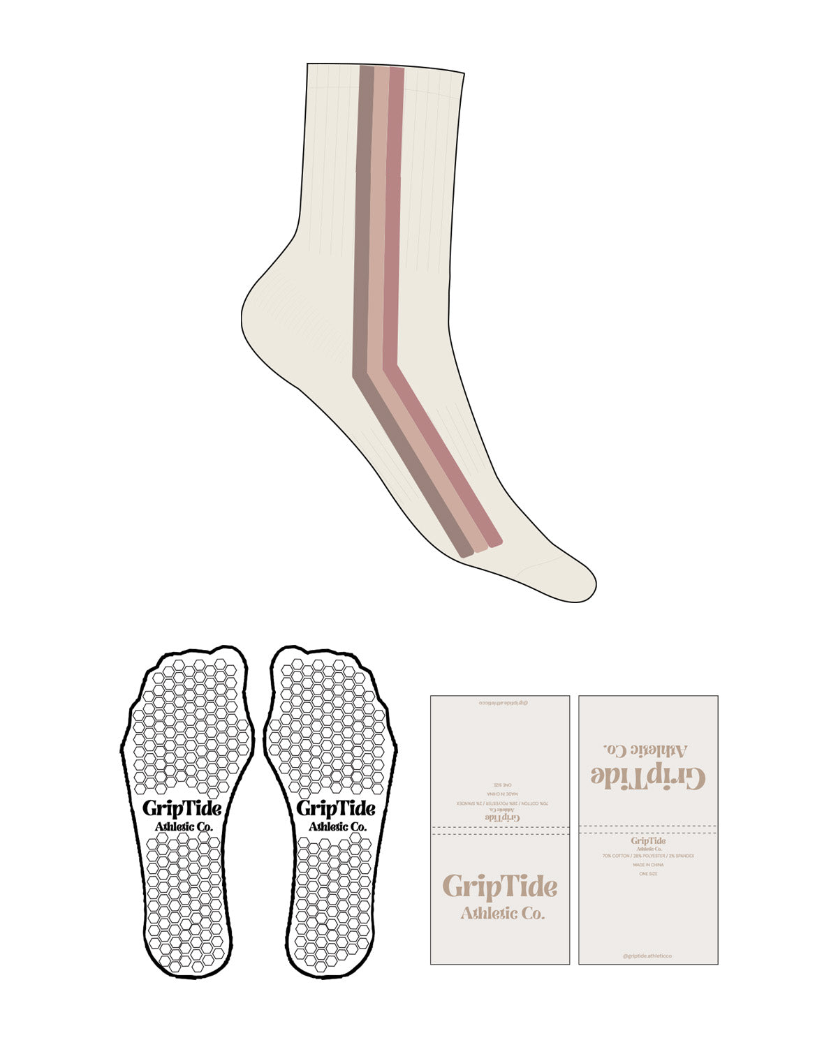 The 3/4 Crew Sock - Off White - GripTide - Line Stripes - Full Color - Hexagon Grip - Mauve