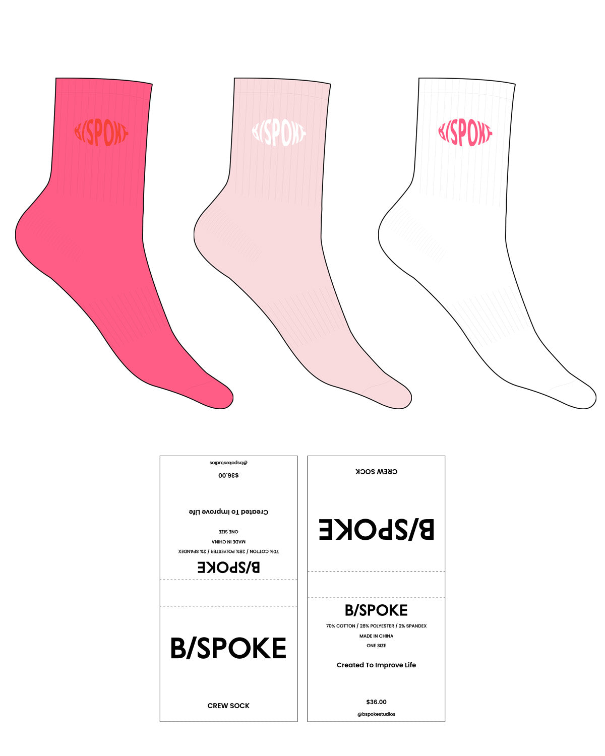 BSpoke 3/4 Crew Socks - White / Hot Pink / Pink - 3 PACK