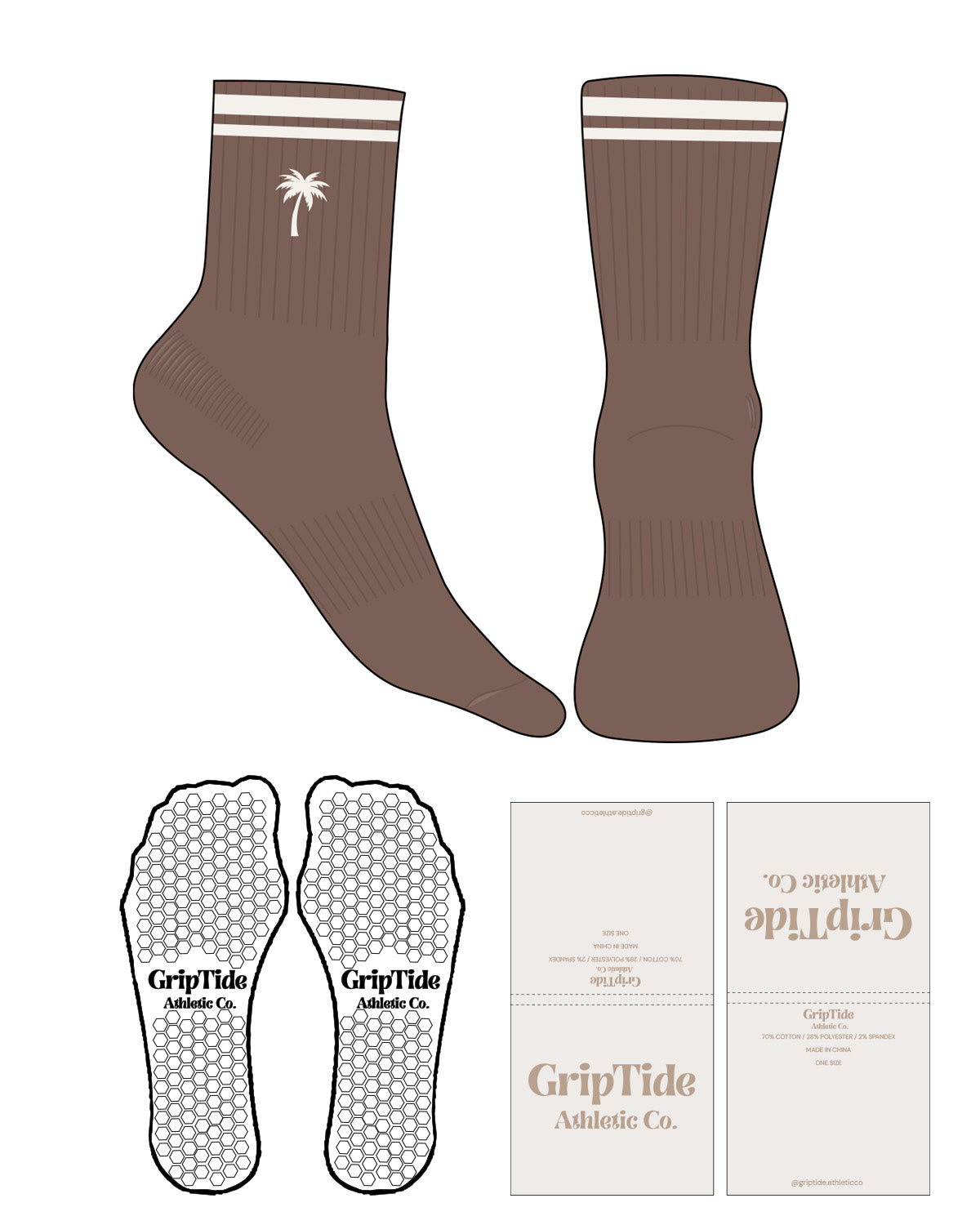The 3/4 Crew Sock - Brown  - GripTide - 2 Stripes - Top Logo Palm Tree - Printed - Off White - Hexagon Grip - Off White