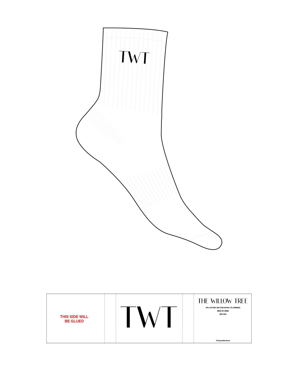 The 3/4 Crew Sock - White - The Willow Tree - Top Logo "TWT" - Embroidered - Black