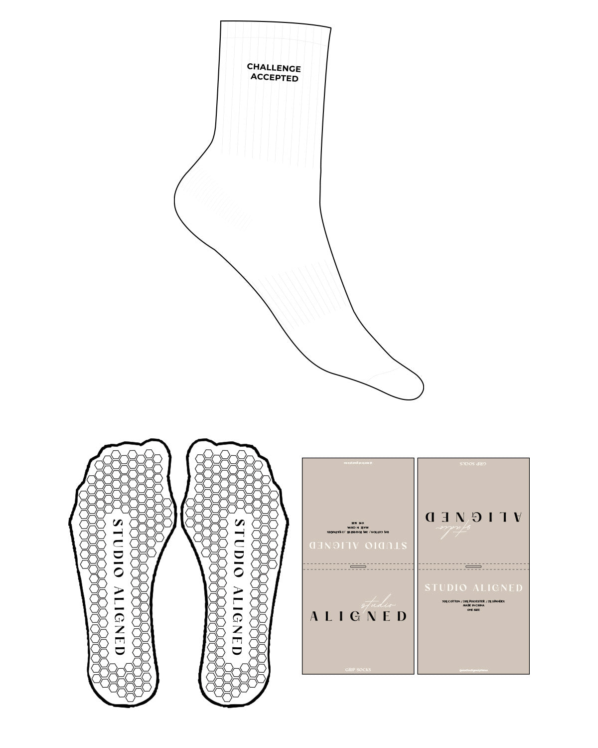 The 3/4 Crew Sock - White - Ankle - Text - Embroidered - Black - Hexagon Grip - Black