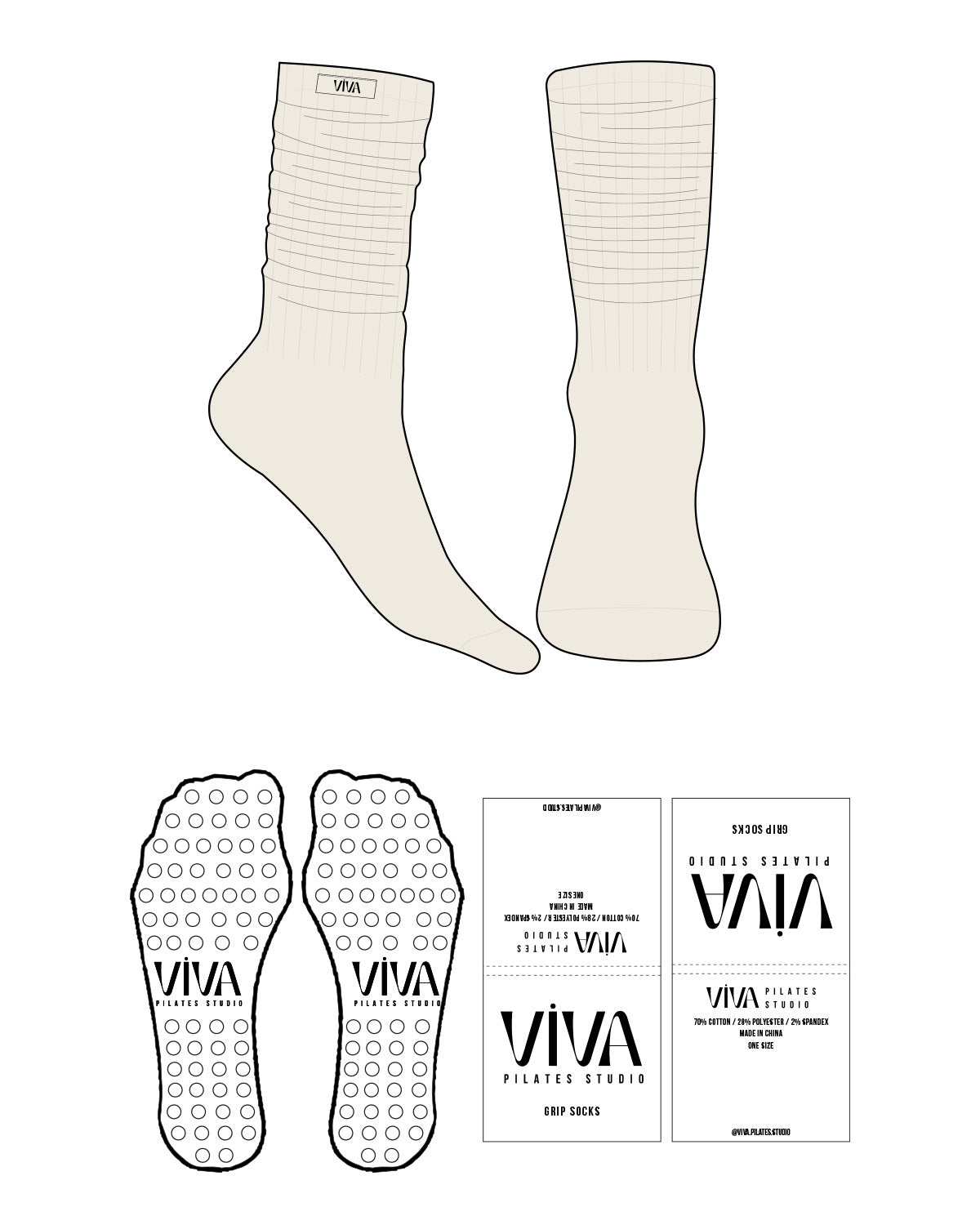 The Slouch Sock - Off White - Viva Pilates - Sew on Logo - Circle Shape Grip - Transparent