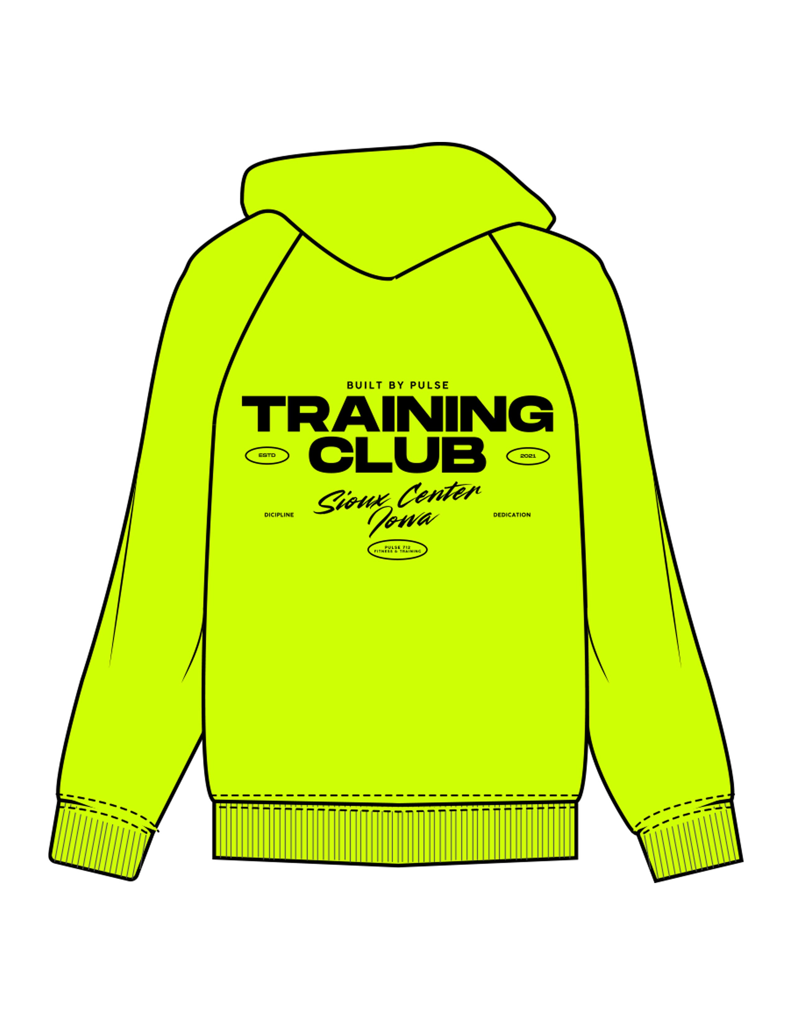 The Mens Hoodie - Neon Yellow - Pulse 712 - Center Chest & Back Stacked "SIOUX CENTER" - Printed - Black