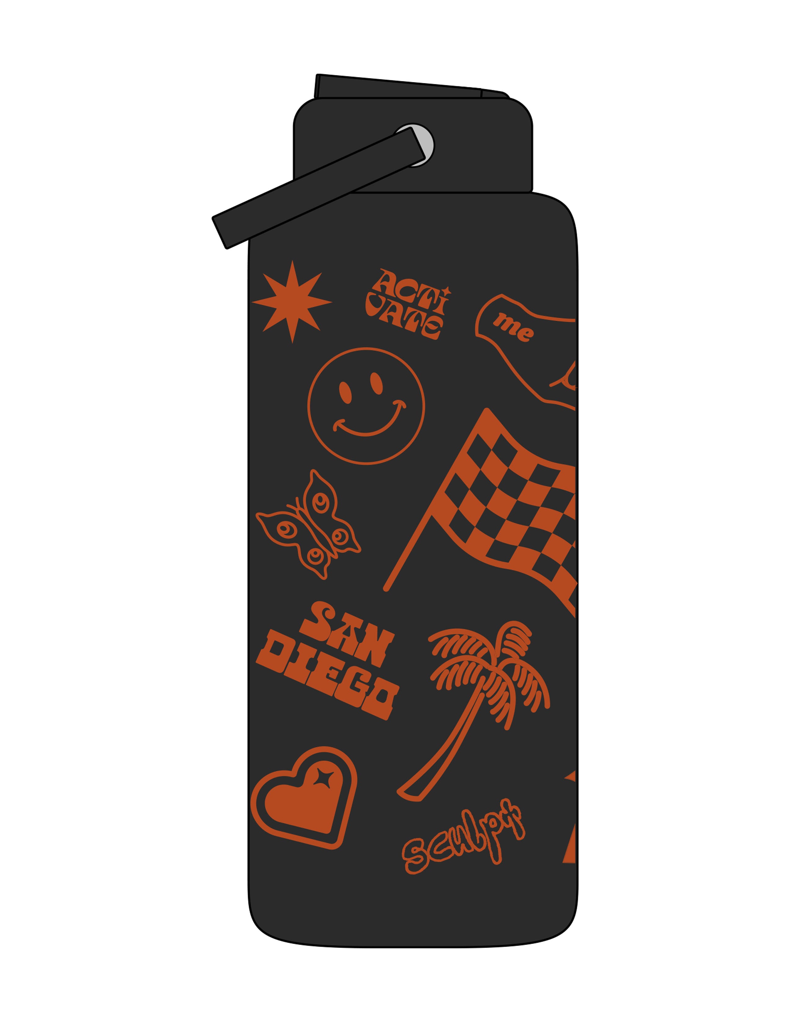 The Wide Mouth Water Bottle - Black - Activate House - Full Body - Printed - Orange