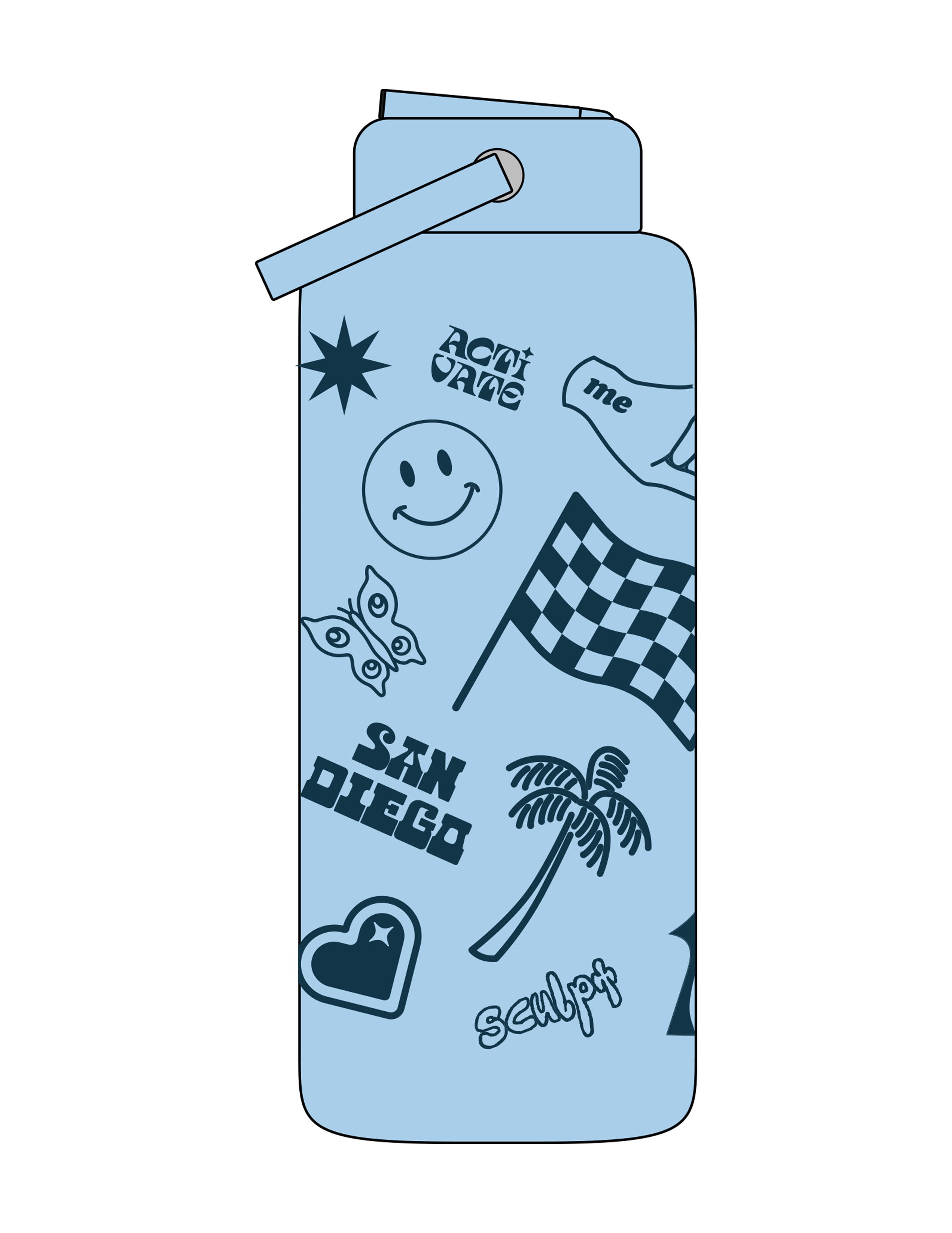 The Wide Mouth Water Bottle - Sky - Activate House - Full Body - Printed - Teal