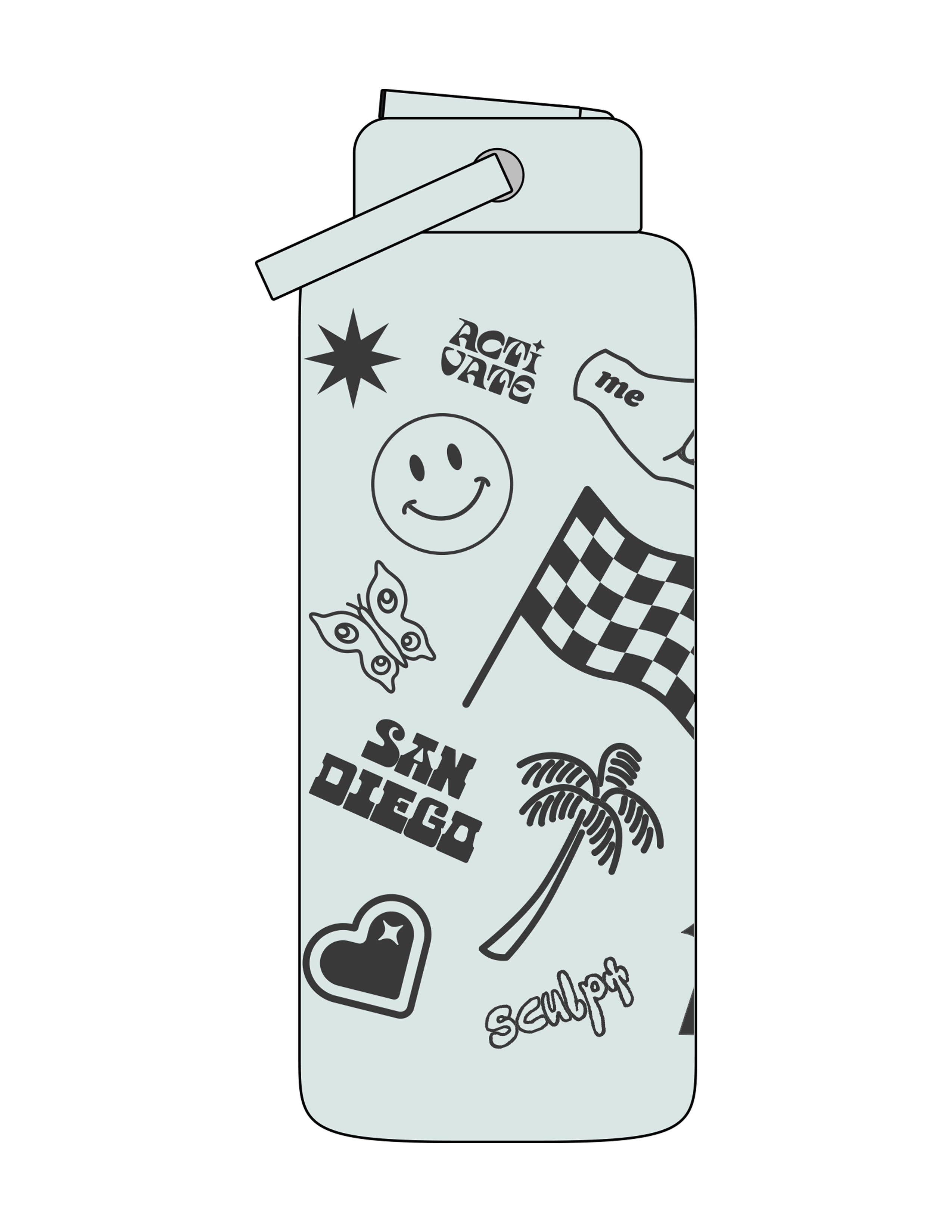The Wide Mouth Water Bottle - Seafoam - Activate House - Full Body - Printed - Charcoal